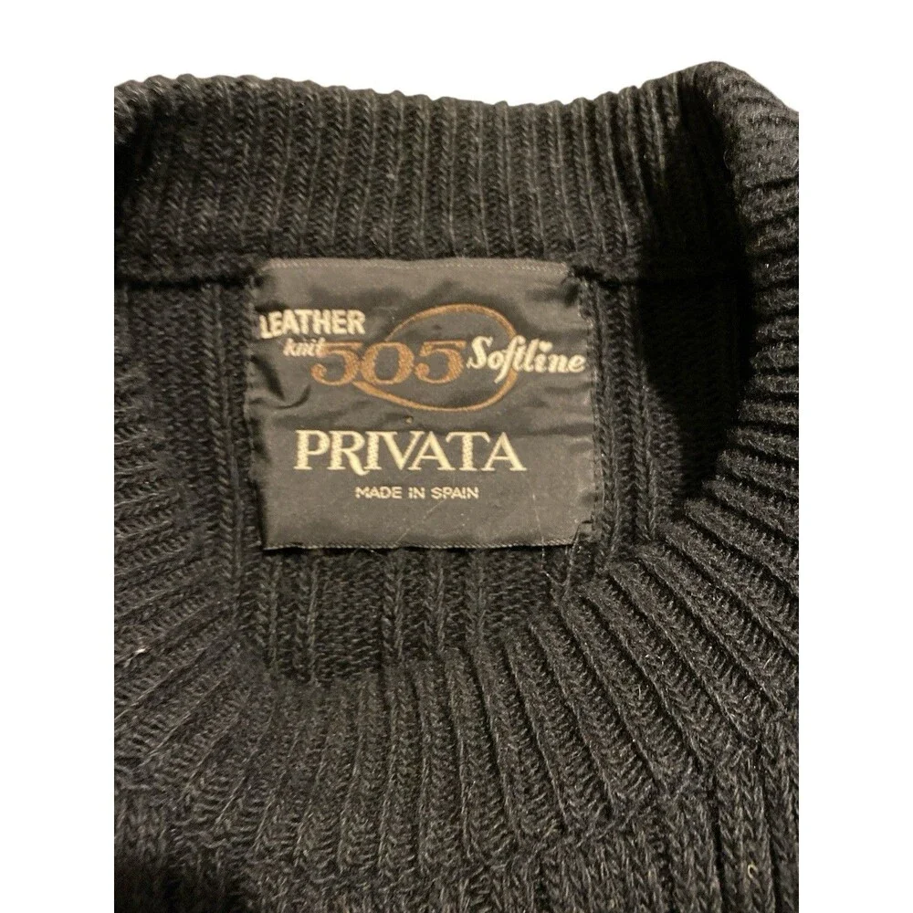 Privata Black Ribbed Knit Sweater Size L Made in Spain Suede Leather Trim - Picture 5 of 6